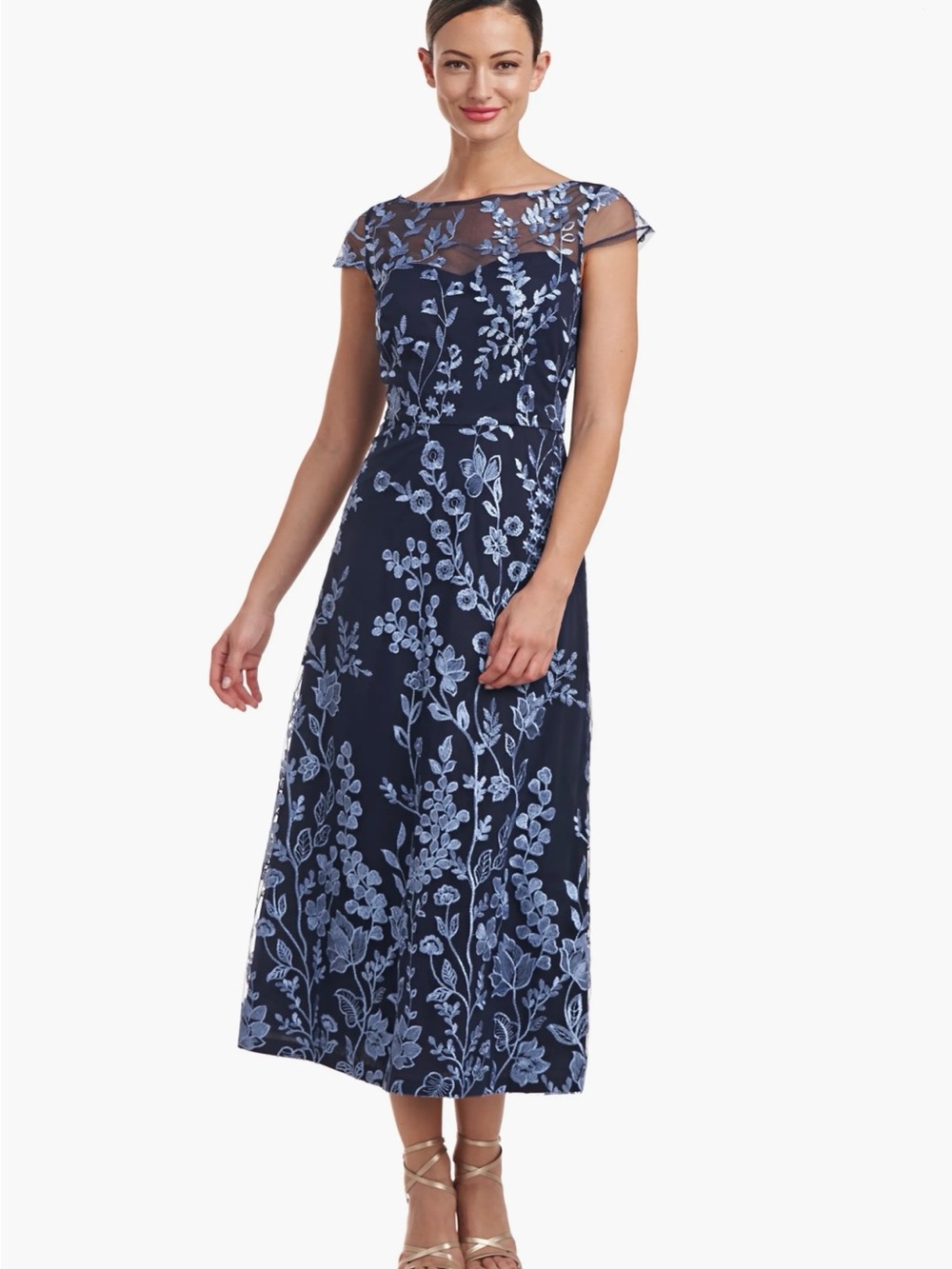 JS Collections Navy Blue Midi Dress with Light Blue Floral Embroidery